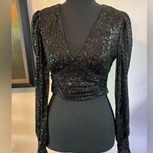 Sincerely Jules Shimmering Black Beautiful Crop Top With Long Sleeves. Side Open